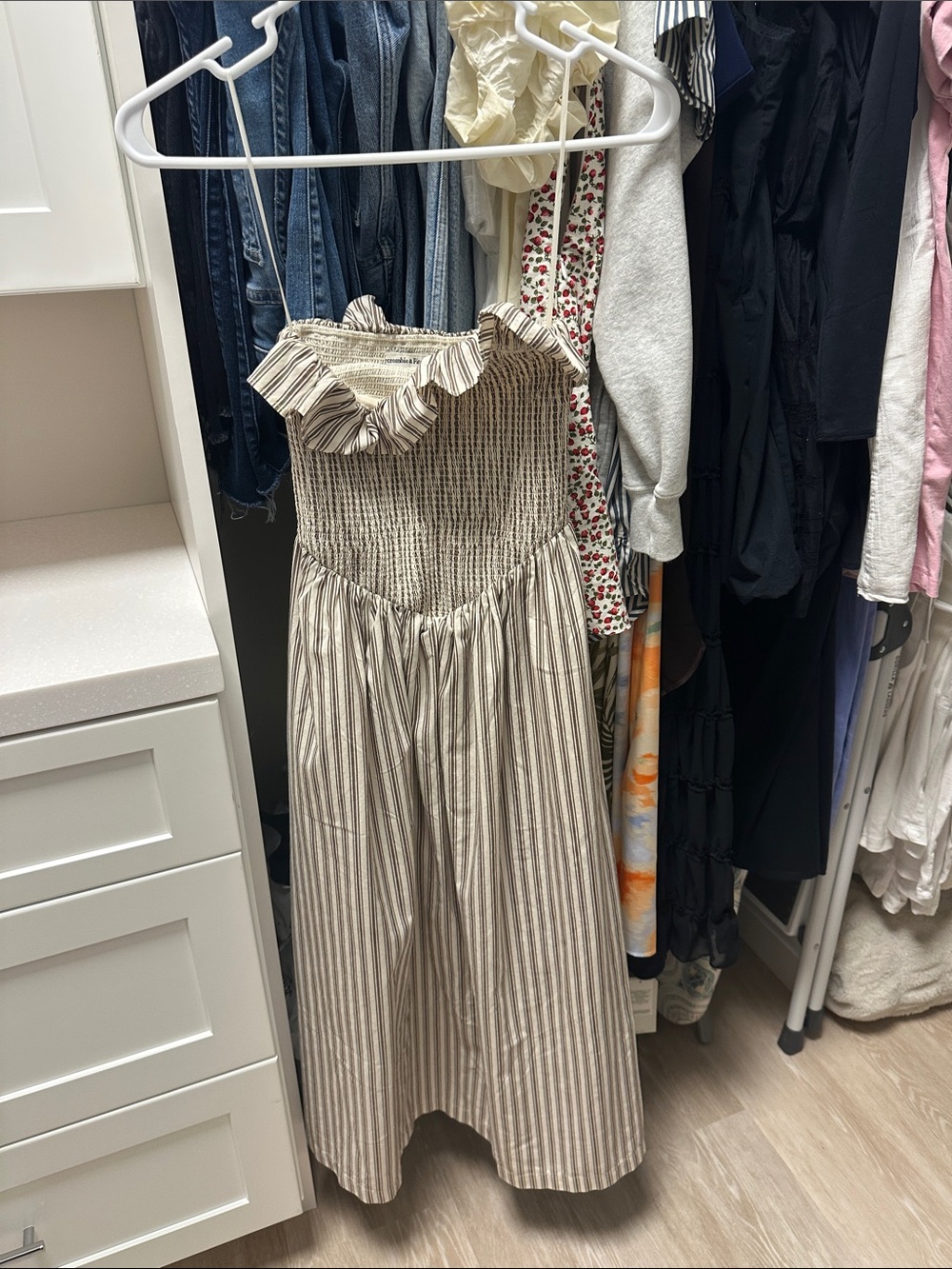 Abercrombie & Fitch Beige and White Striped Ruffled Sundress